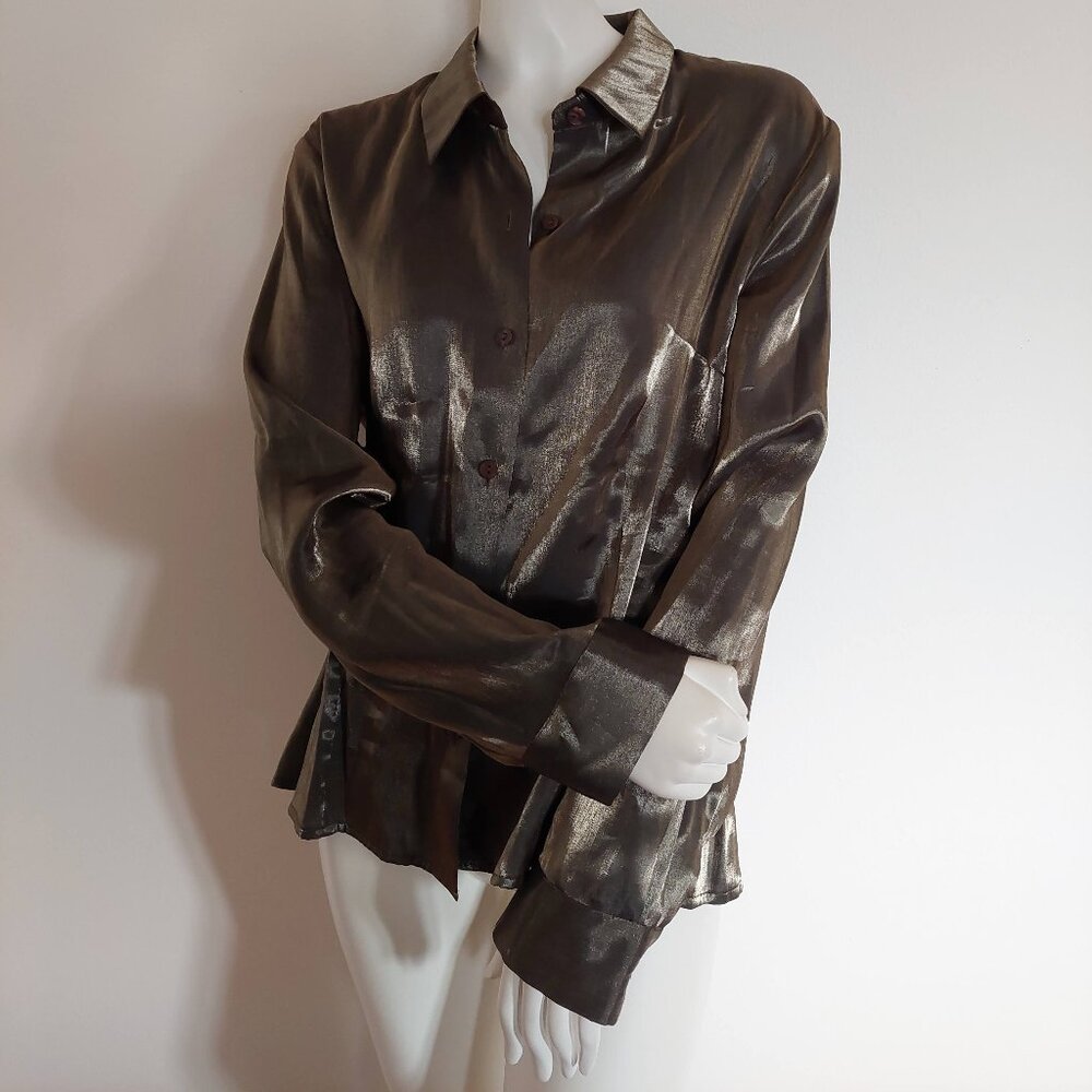 AGB Metallic Gold L/S Semi-Tailored Ladies Button-down Shirt Size: XL